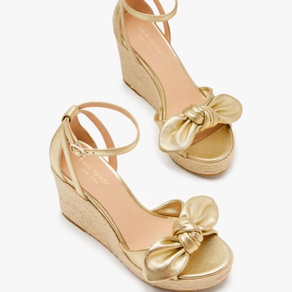 Kate Spade Tianna Espadrille Wedges Metallic Gold Leather Platform Sandals Pumps - Picture 3 of 16